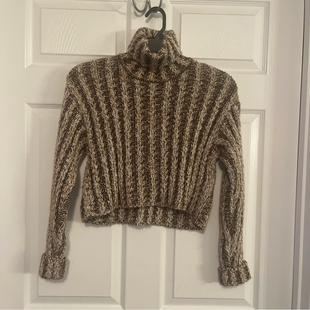 Zara Marled Brown and Beige Cropped Ribbed Turtleneck Sweater Sz 11-12